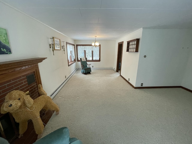 interior space featuring a baseboard radiator, carpet, and a chandelier