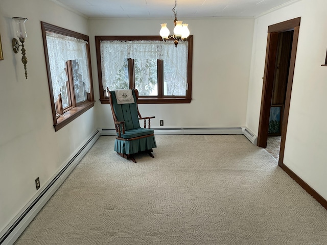 unfurnished room with carpet floors, a chandelier, baseboard heating, and plenty of natural light