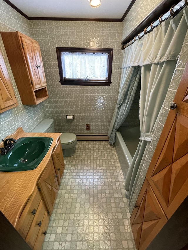 full bathroom with toilet, a baseboard radiator, ornamental molding, vanity, and shower / bath combination with curtain