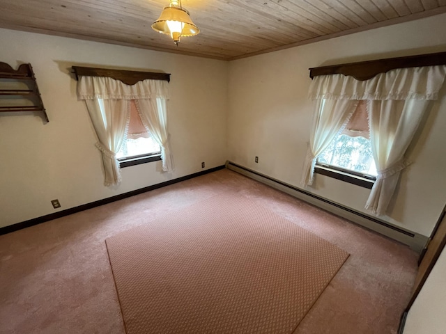 spare room with wood ceiling, a baseboard radiator, and a healthy amount of sunlight