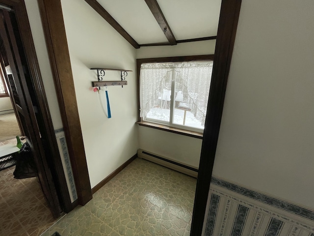 interior space featuring lofted ceiling with beams and baseboard heating