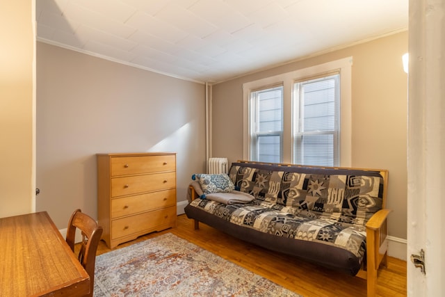 living room with crown molding, wood-type flooring, and radiator