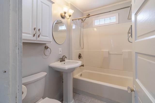 bathroom with ornamental molding, tile patterned floors, shower / bathtub combination, and toilet