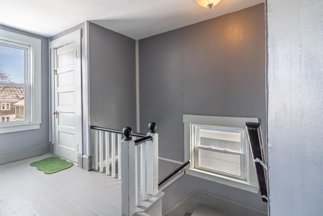 stairway with hardwood / wood-style floors