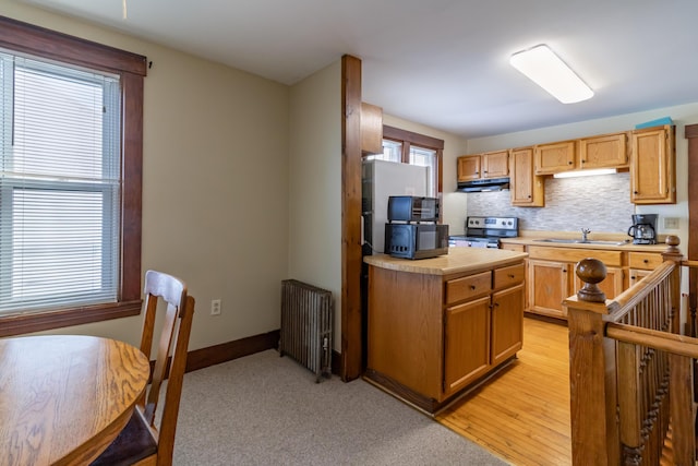 kitchen featuring electric stove, radiator, sink, light hardwood / wood-style flooring, and decorative backsplash