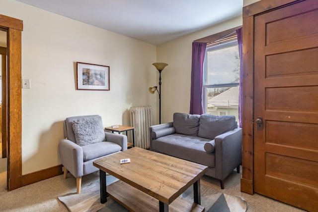 carpeted living room with radiator