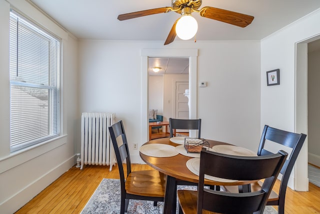 dining room with ornamental molding, radiator, and light hardwood / wood-style floors