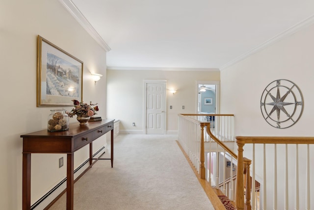 hall featuring light colored carpet and ornamental molding