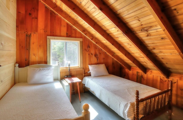 bedroom with vaulted ceiling with beams, wood ceiling, wood walls, and wood finished floors