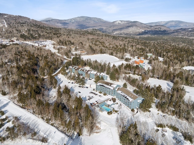 snowy aerial view featuring a mountain view