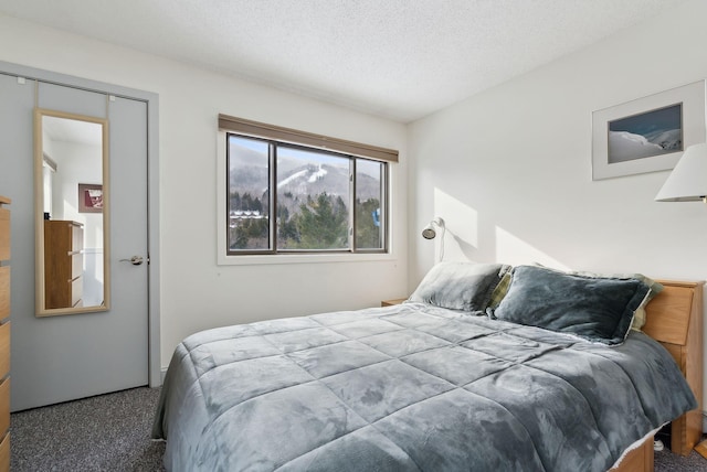 carpeted bedroom with a closet and a textured ceiling