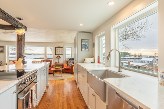 kitchen with a wealth of natural light, appliances with stainless steel finishes, light wood-style floors, and a sink