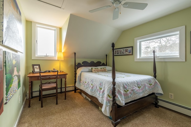 carpeted bedroom with baseboards, lofted ceiling, baseboard heating, and ceiling fan