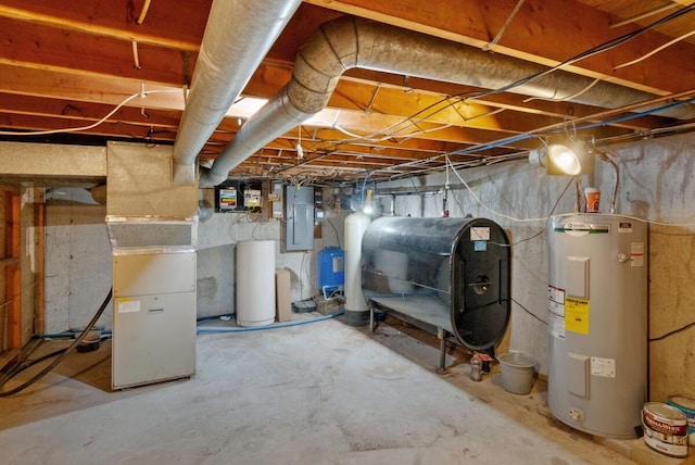 basement with electric panel and electric water heater