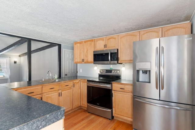 kitchen with stainless steel appliances, light brown cabinetry, and sink