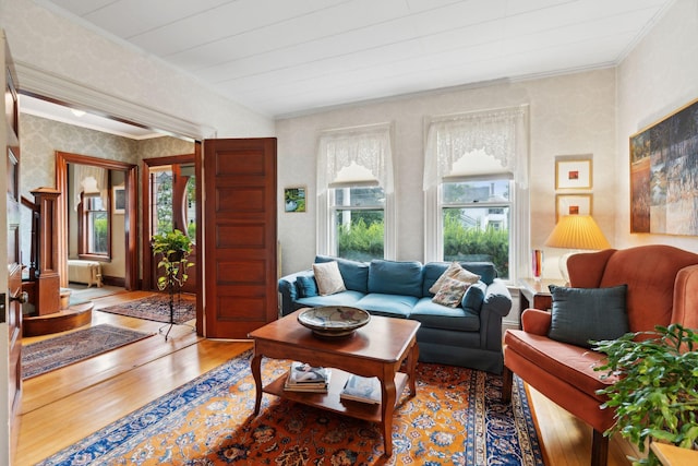 living room with crown molding, plenty of natural light, radiator heating unit, and light hardwood / wood-style flooring