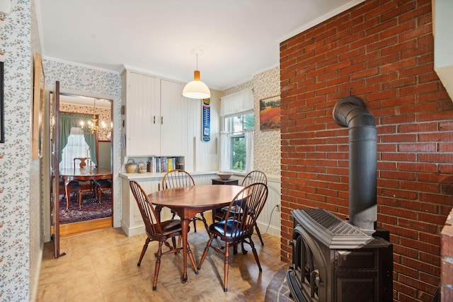 dining room with a wood stove