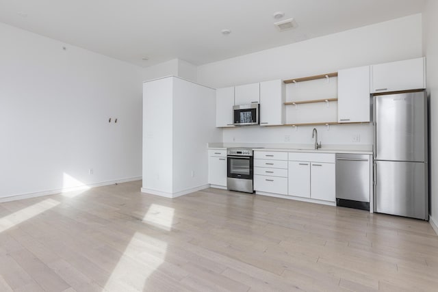 kitchen featuring appliances with stainless steel finishes, sink, white cabinets, and light hardwood / wood-style floors