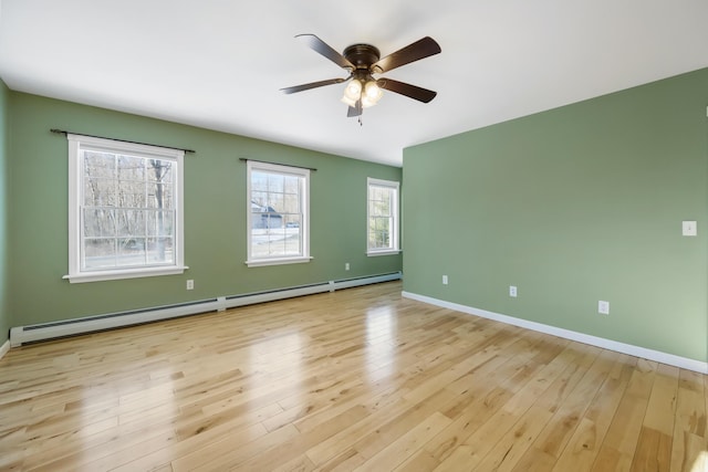 empty room featuring light hardwood / wood-style flooring, ceiling fan, and baseboard heating