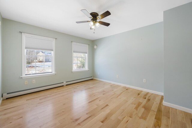 empty room featuring ceiling fan, a baseboard radiator, and light hardwood / wood-style floors