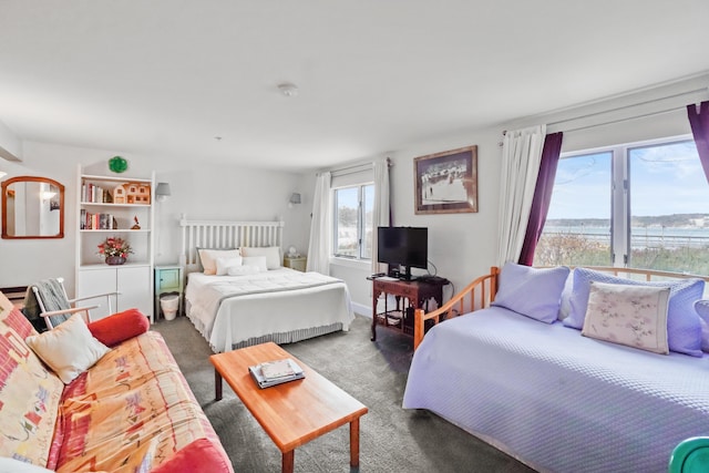 bedroom featuring dark colored carpet