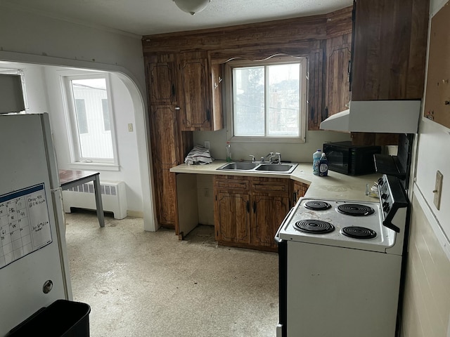 kitchen with dark brown cabinetry, radiator, sink, and white appliances