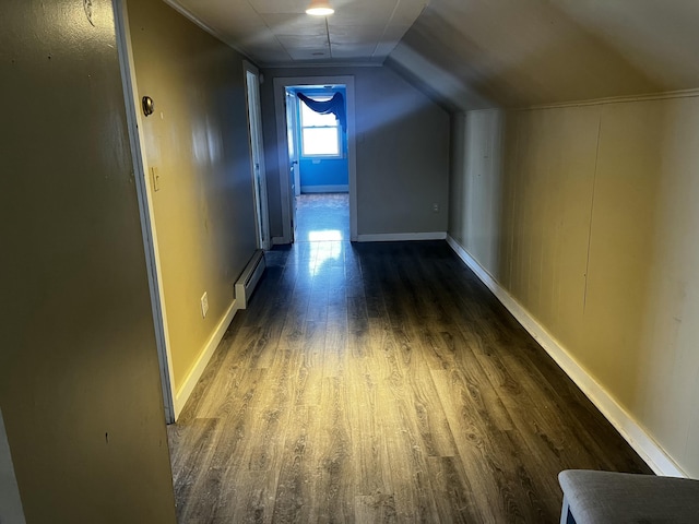 additional living space with vaulted ceiling, dark hardwood / wood-style floors, and baseboard heating