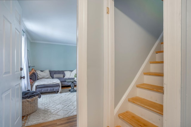 stairway featuring ornamental molding and hardwood / wood-style floors