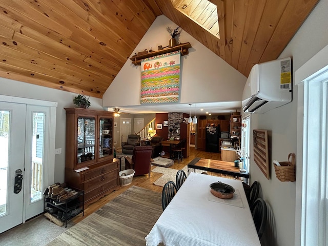 dining room featuring high vaulted ceiling, wood ceiling, a wall unit AC, and hardwood / wood-style flooring