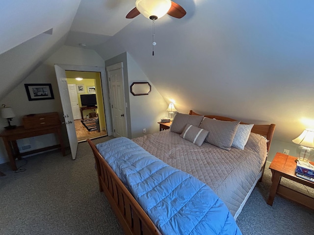 bedroom with carpet, lofted ceiling, and ceiling fan