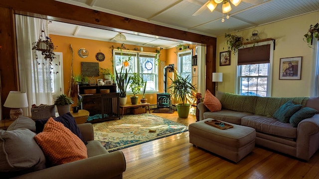 living room featuring hardwood / wood-style flooring, plenty of natural light, a wood stove, and ceiling fan