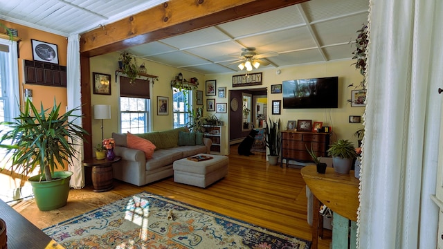 living room with hardwood / wood-style floors, beam ceiling, and ceiling fan