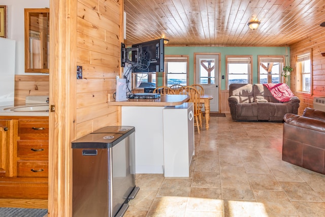 kitchen featuring sink, wooden ceiling, and wood walls