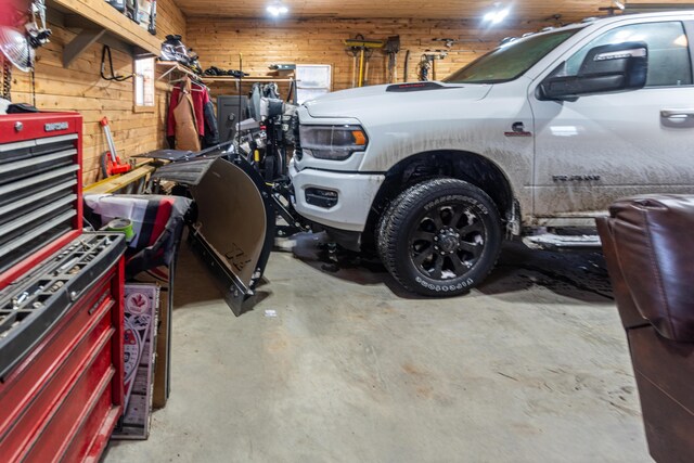 garage with wooden walls