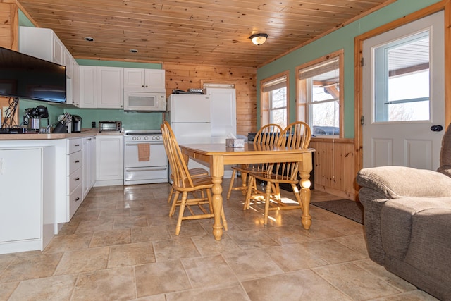 kitchen with white appliances, wooden walls, wooden ceiling, and white cabinets