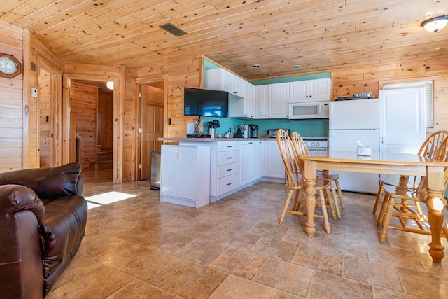 kitchen with white cabinetry, white appliances, wooden ceiling, and wood walls