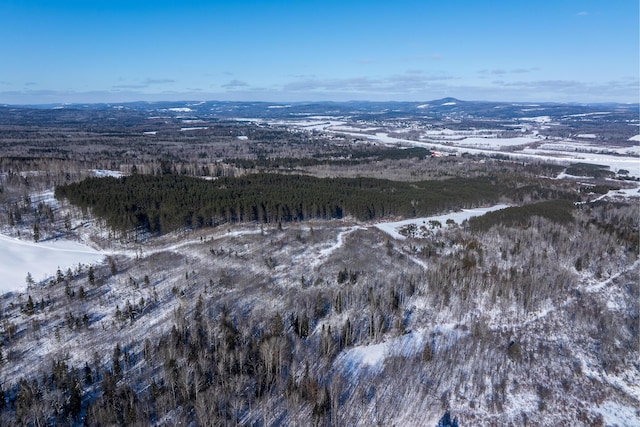 snowy aerial view with a mountain view