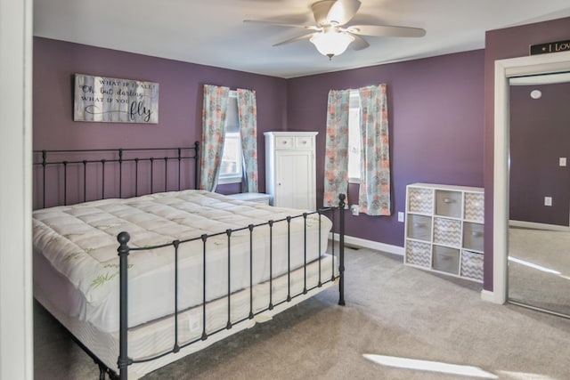 bedroom featuring ceiling fan and carpet floors