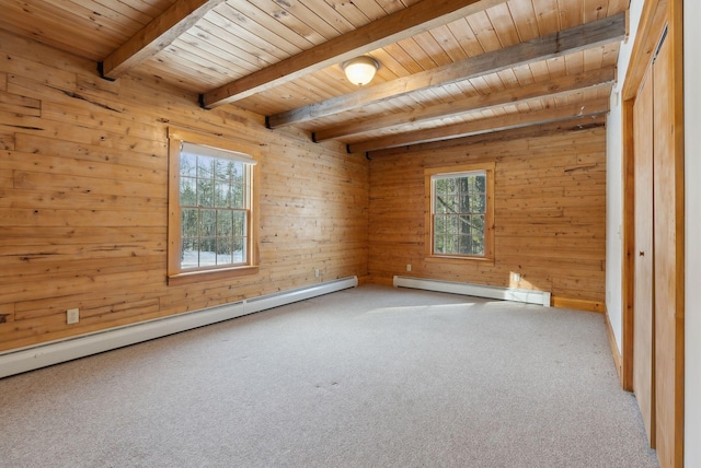 unfurnished room featuring a wealth of natural light, beamed ceiling, and baseboard heating