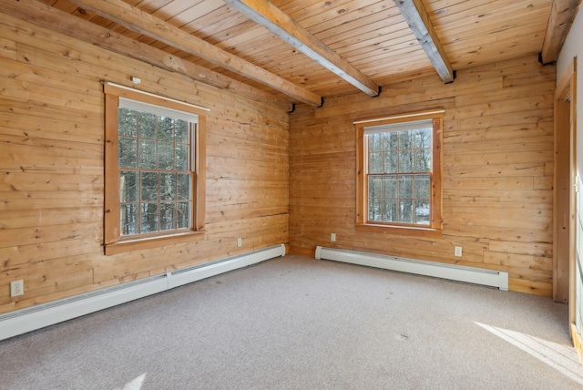 spare room featuring wood ceiling, beam ceiling, carpet, and a baseboard heating unit