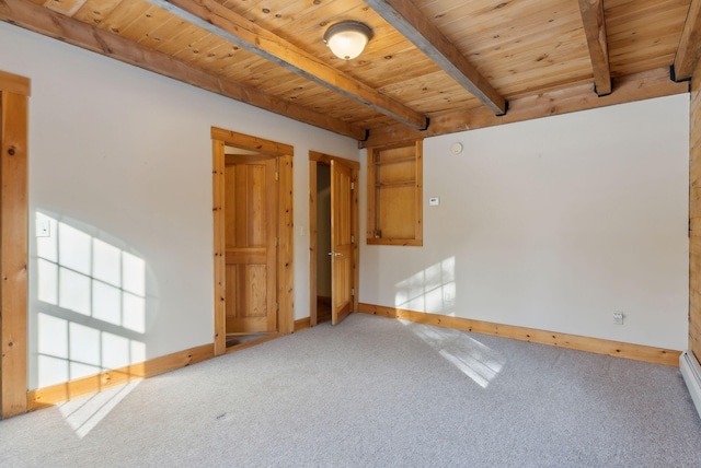 empty room featuring beam ceiling, carpet floors, and wooden ceiling