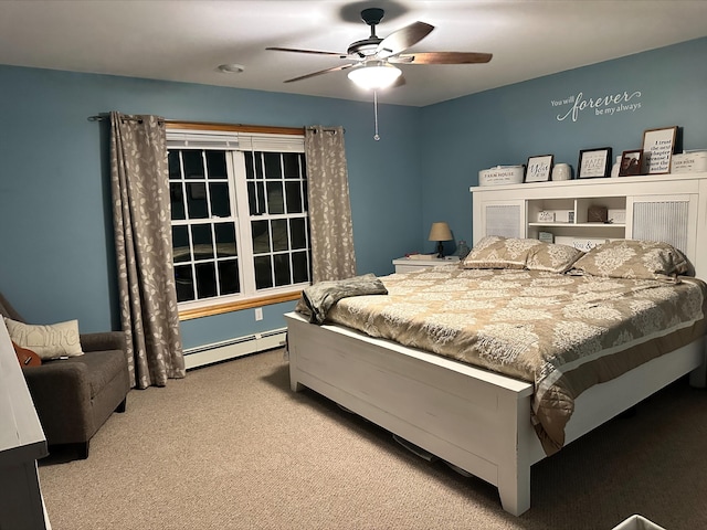 bedroom featuring ceiling fan, a baseboard radiator, and carpet floors