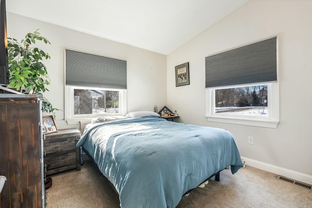 carpeted bedroom with multiple windows and lofted ceiling