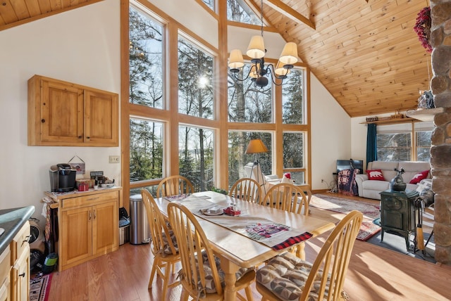 dining space with wood ceiling, high vaulted ceiling, and light wood-type flooring