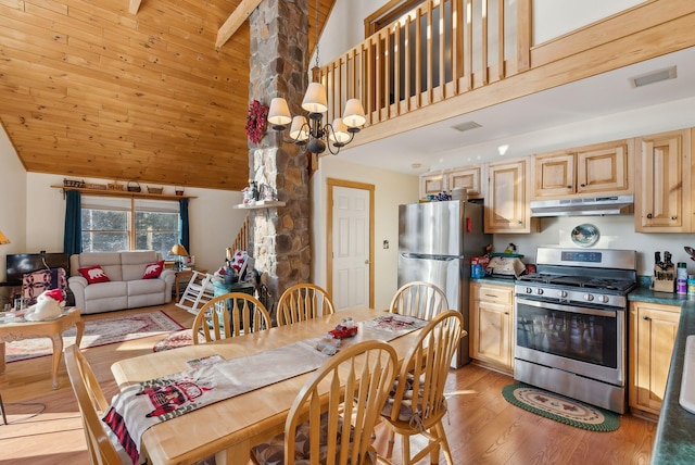 kitchen featuring high vaulted ceiling, stainless steel appliances, light brown cabinets, wooden ceiling, and light wood-type flooring