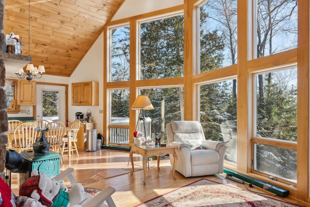 interior space featuring a notable chandelier, wood ceiling, light hardwood / wood-style flooring, and high vaulted ceiling