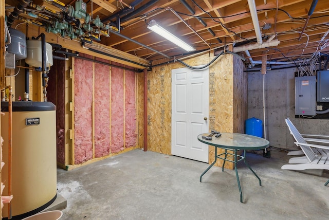 basement with gas water heater and electric panel