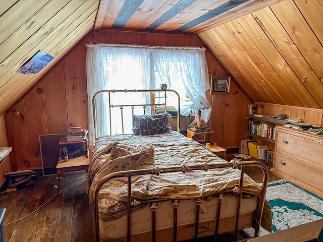 bedroom featuring wooden walls, wooden ceiling, and dark hardwood / wood-style flooring