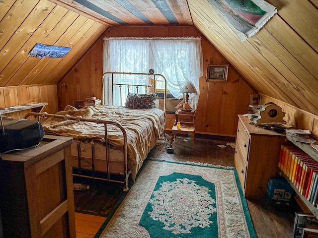 bedroom with dark hardwood / wood-style flooring, wood ceiling, vaulted ceiling, and wood walls