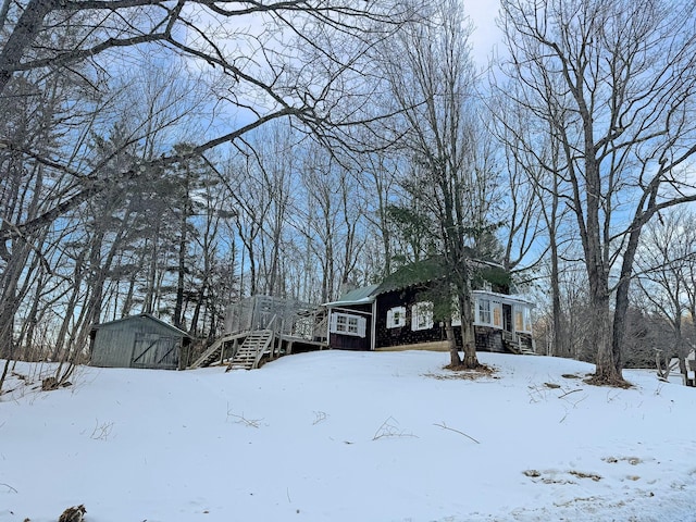 yard covered in snow with a shed